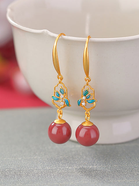 Women Vintage S925Sliver Red Bead Flower Earrings