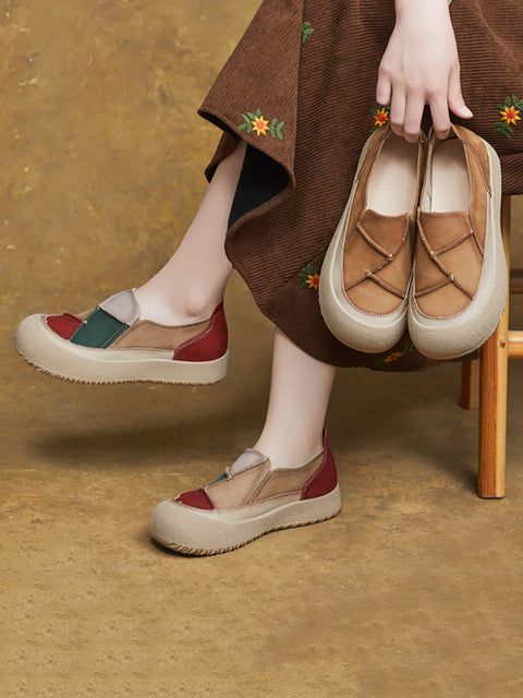 Women Spring Leather Spliced Flat Shoes