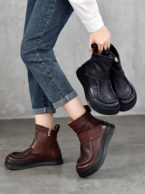 Women Vintage Soft Leather Spliced Flat Ankle Boots