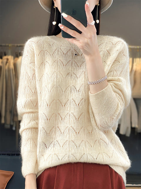 Women Autumn O-Neck Wool Hollow Out Knit Sweater