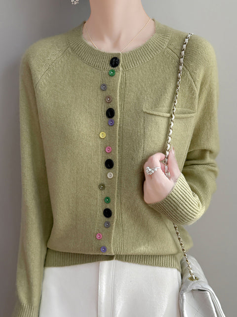 Women Autumn O-Neck Colorful Button Knit Sweater