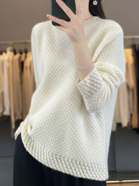 Women Winter Wool Crochet O-Neck Sweater