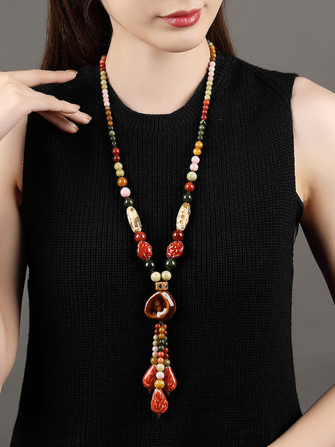 Women Ethnic Multicolor Bead Coloured Glaze Sweater Necklace