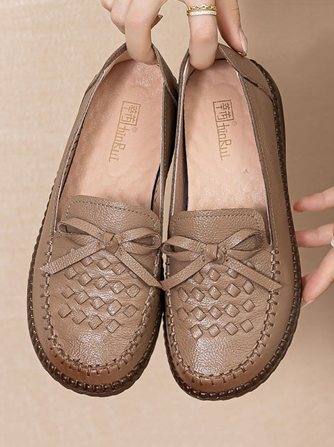 Women Retro Genuine Leather Bowknot Flat Shoes