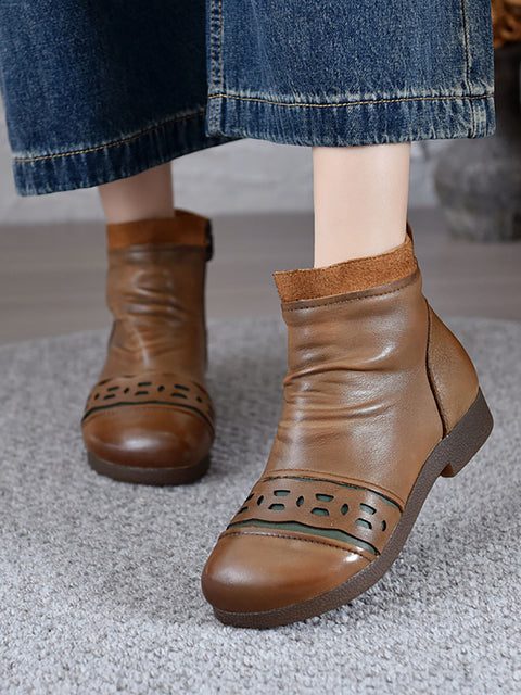 Women Vintage Leather Spliced Low Heel Ankle Boots