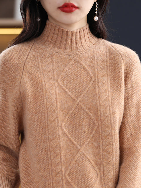 Women Winter Rhomboids Wool Half-Turtleneck Sweater