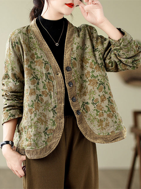 Women Retro Floral Spliced V-Neck Padded Jacket