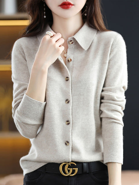 Women Autumn Wool Turn-down Collar Knit Cardigan Sweater