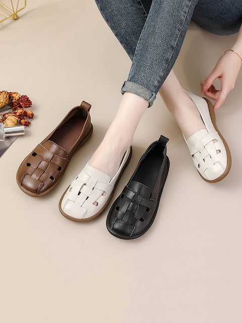 Women Summer Vintage Leather Soft  Weave Flat Shoes