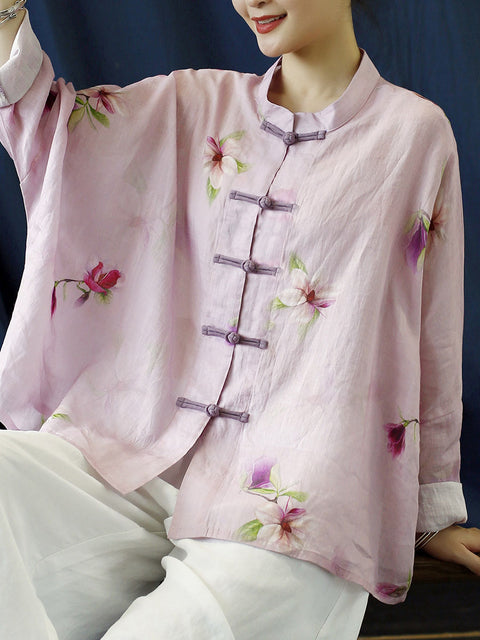 Plus Size Women Vintage Flower Pink Spring Ramie Shirt Coat