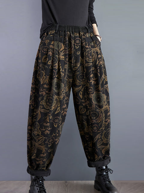 Women Retro Flower Winter Fleece-lined Harem Pants