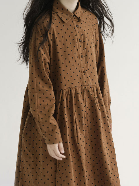 Plus Size Women Vintage Dot Pleat Long Sleeve Dress