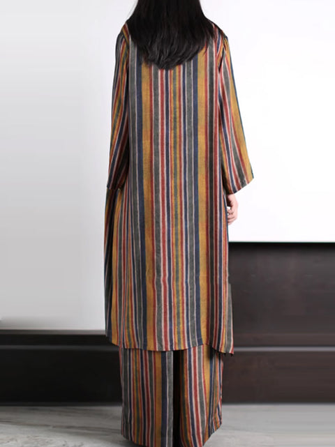 Plus Size Women Vintage Stripe Loose Long Shirt+Pants