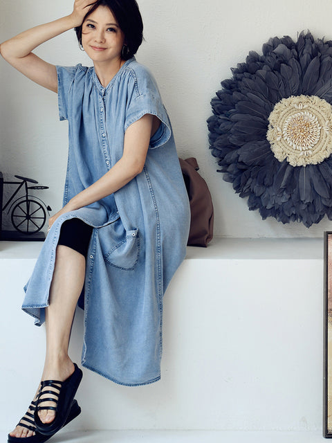 Plus Size Women Summer Casual Solid Blue Denim Dress