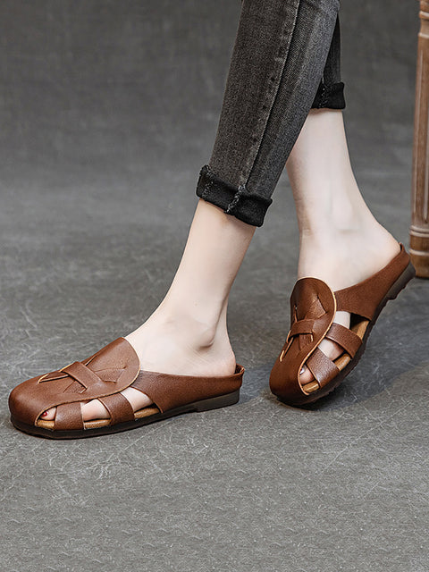 Women Vintage Genuine Leather Hollow Out Soft Slippers