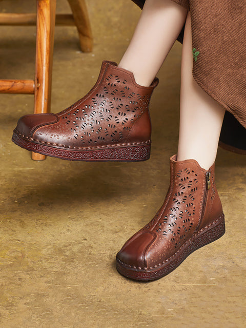 Women Summer Hollow Leather Ankle Boots