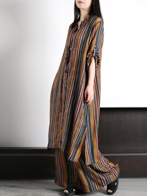 Plus Size Women Vintage Stripe Loose Long Shirt+Pants