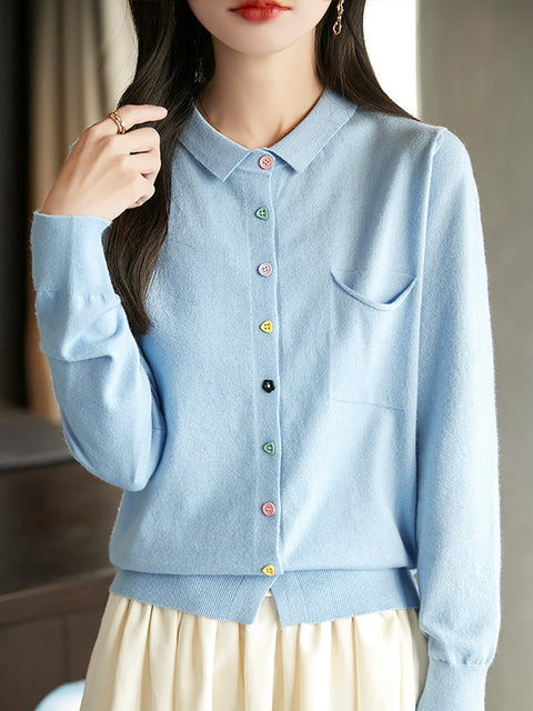 Women Spring Turn-down Collar Knit Sweater