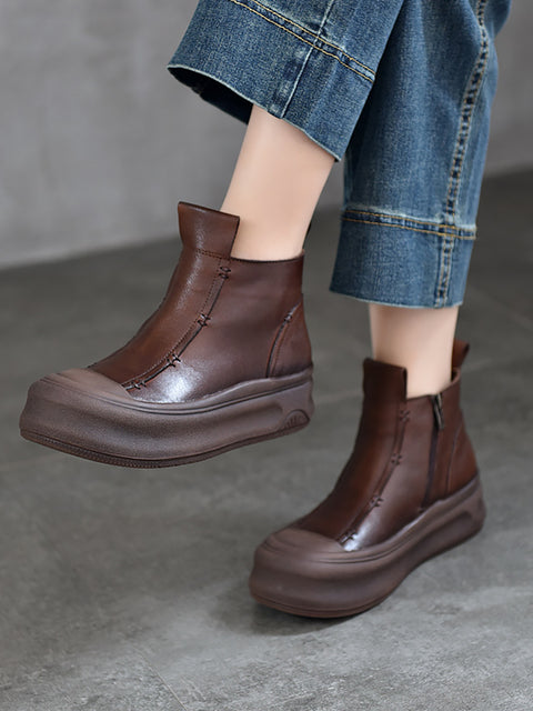 Women Winter Genuine Leather Spliced Mid-heel Boots