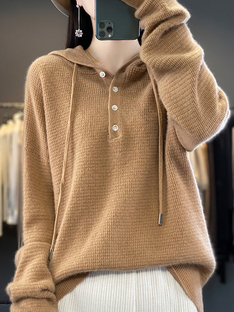 Women Autumn Soft Solid Knit 100%Wool Hooded Sweater