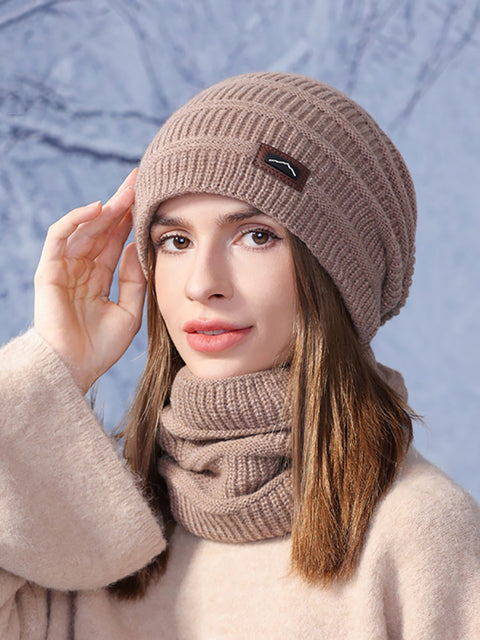 Winter Warm Windproof Fleece-lined Knit Hat and Scarf