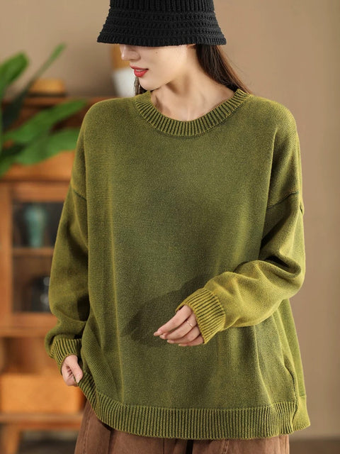 Women Autumn Casual O-Neck Pure Color Knit Sweater