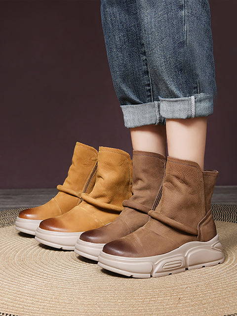 Women Winter Genuine Leather Spliced Platfrom Boots