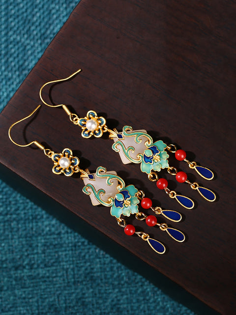 Women Ethnic Jade Enamel Alloy Tassel Earrings