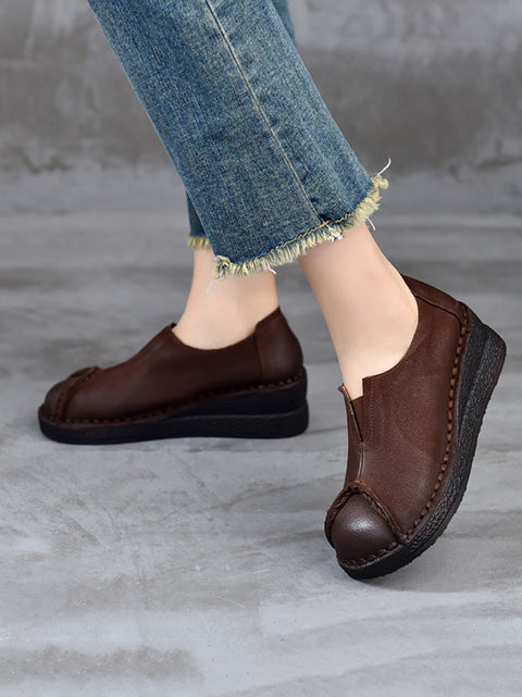 Women Spring Retro Leather Spliced Platform Shoes