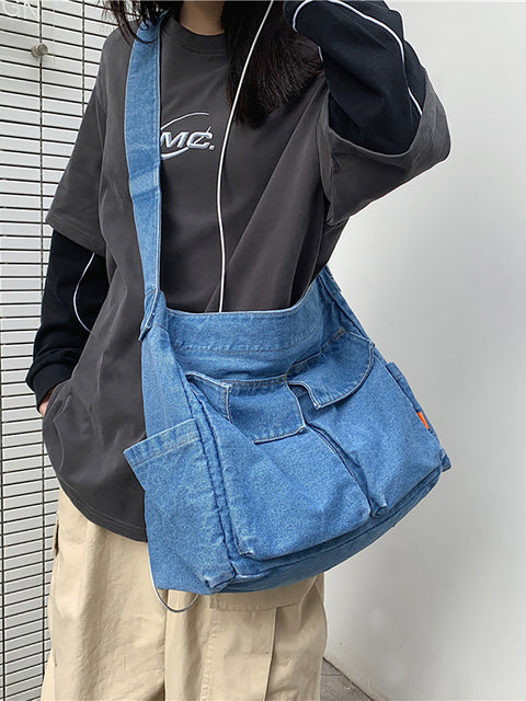 Women Vintage Solid Denim Large Capacity Bag