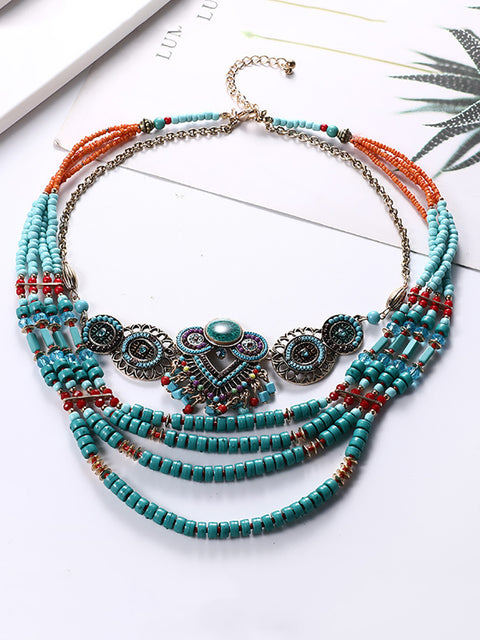 Women Ethnic Bohemian Multi-layer Bead Alloy Knitted Necklace