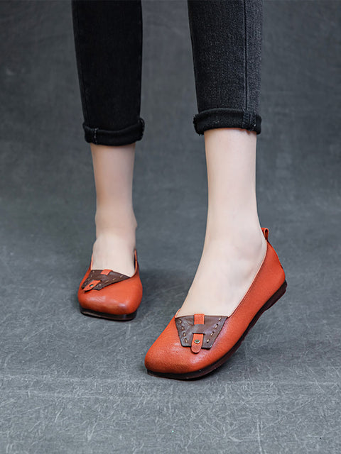 Women Summer Ethnic Colorblock Leahter Soft Flat Shoes