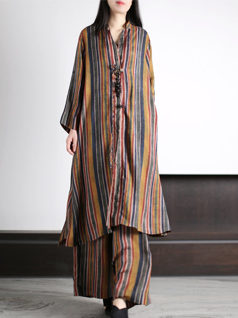 Plus Size Women Vintage Stripe Loose Long Shirt+Pants