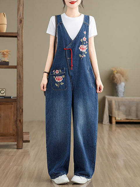 Women Spring Vintage Flower Embroidery Denim Jumpsuits