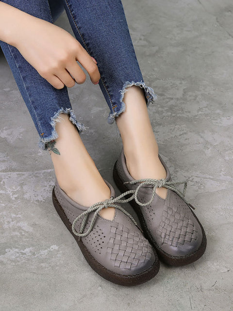 Women Vintage Summer Leather Weave Flat Shoes