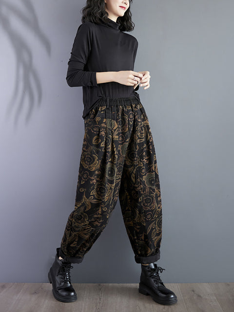 Women Retro Flower Winter Fleece-lined Harem Pants