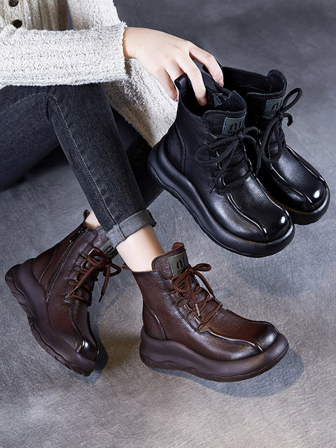 Women Vintage Genuine Leather Platform Martin Boots