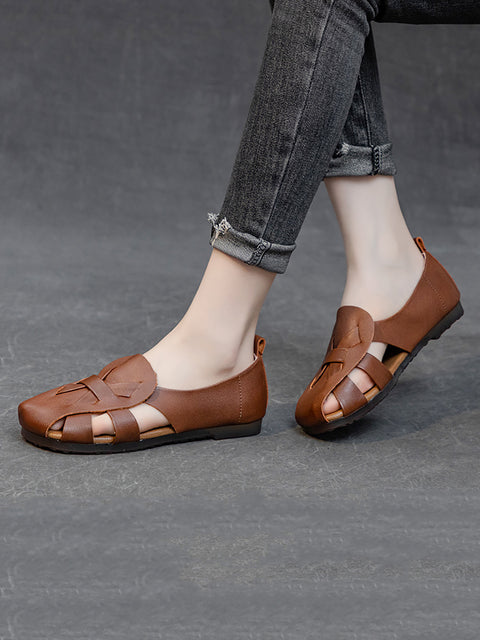 Women Summer Solid Vintage Leather Hollow Out Soft Shoes