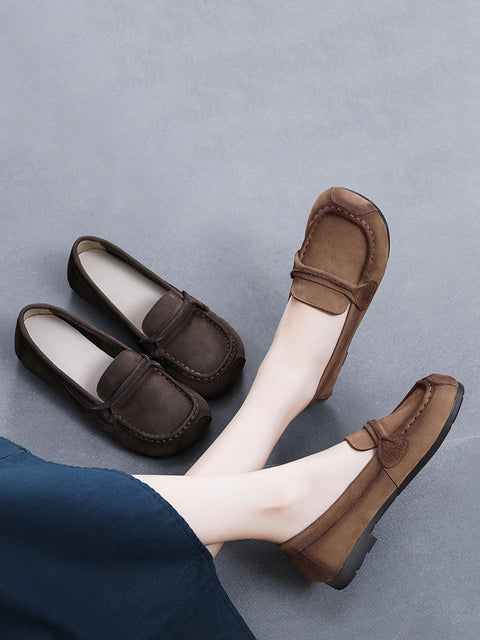 Women Vintage Leather Square-Toe Flat Shoes