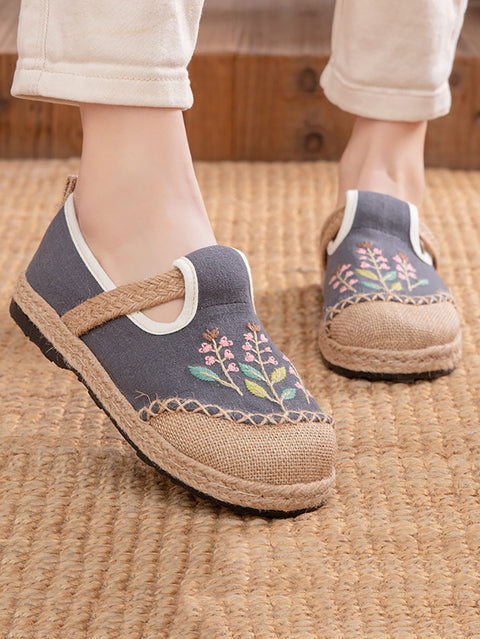 Women Ethnic Flower Embroidery Linen Cotton Flat Shoes