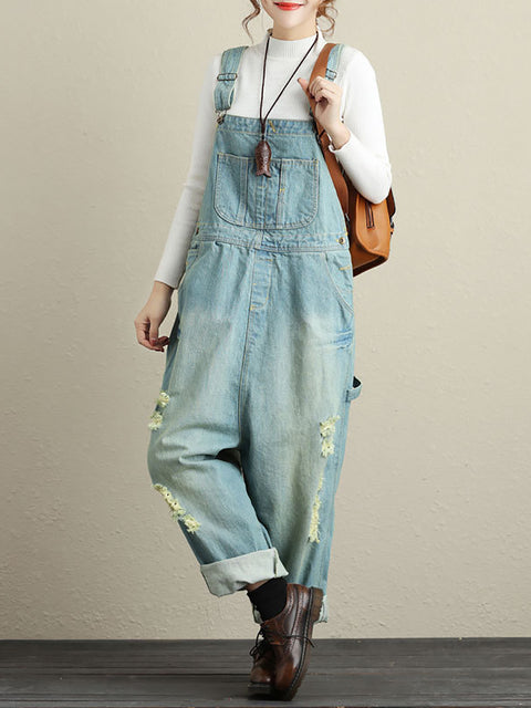 Women Summer Retro Frayed Pocket High-Waist Denim Jumpsuits