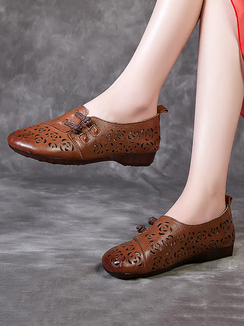 Women Vintage Leather Hollow Out Low Heel Shoes