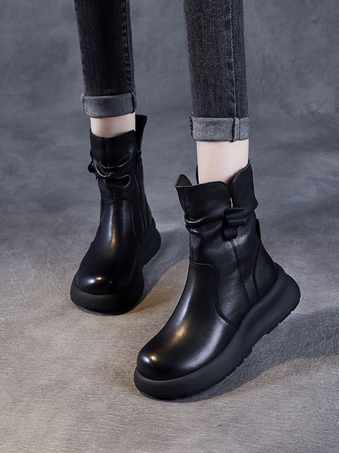 Women Winter Genuine Leather Spliced Low Heel Boots