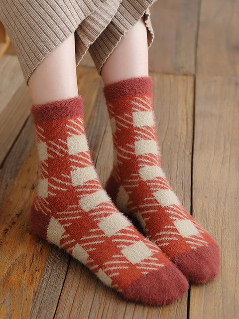 5 Pairs Women Winter Plaid Plush Socks