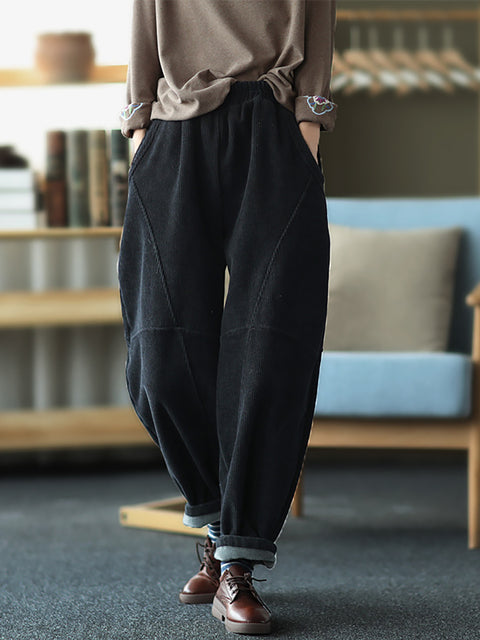 Plus Size Women Vintage Solid Spliced Thicken Pants