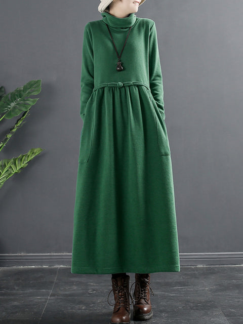 Plus Size Women Pure Color Turtleneck Draped Long Dress