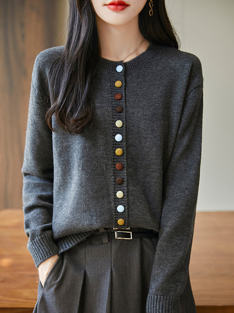 Women Autumn 100%Wool Colorful Button O-Neck Sweater