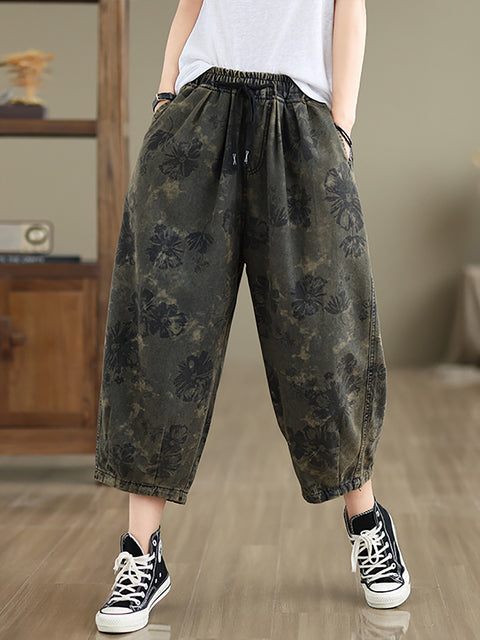 Women Summer Retro Flower  Denim Loose Pants