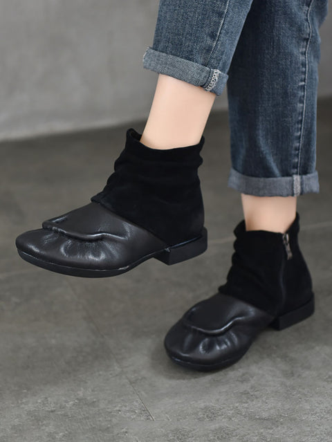 Women Vintage Suded Leather Spliced Low Heel Boots