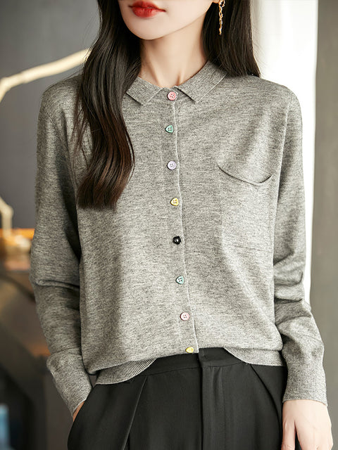 Women Spring Turn-down Collar Knit Sweater